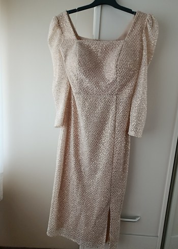 Bej Drapeli Uzun Abiye Elbise - Görsel 4