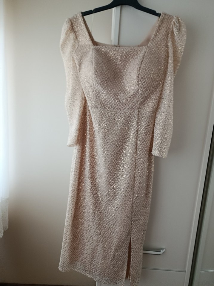 Bej Drapeli Uzun Abiye Elbise - Görsel 4