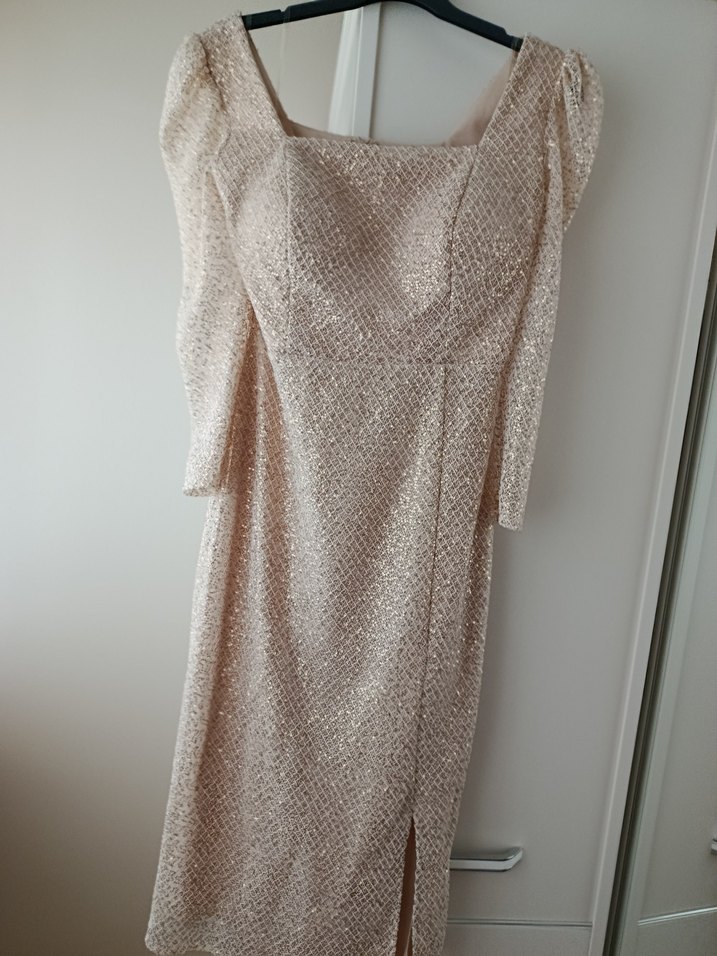 Bej Drapeli Uzun Abiye Elbise - Görsel 2