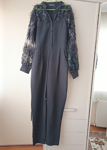 Uzun Kollu Siyah Nakışlı tulum - Görsel 5