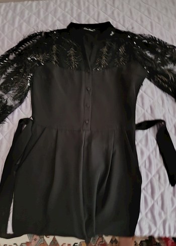 Uzun Kollu Siyah Nakışlı tulum - Görsel 4