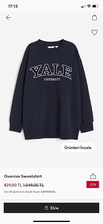 l Beden lacivert Renk H&M Yale Sweatshirt