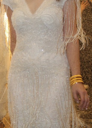 İnce İşlemeli Boncuklu Beyaz After Elbisesi - Görsel 2