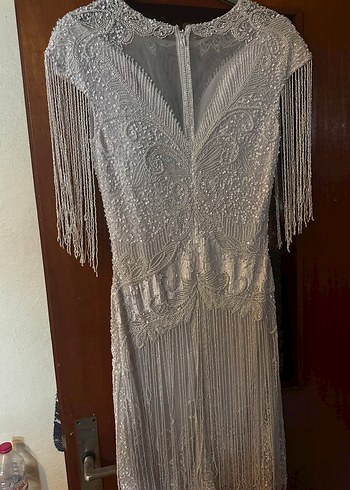 İnce İşlemeli Boncuklu Beyaz After Elbisesi - Görsel 12