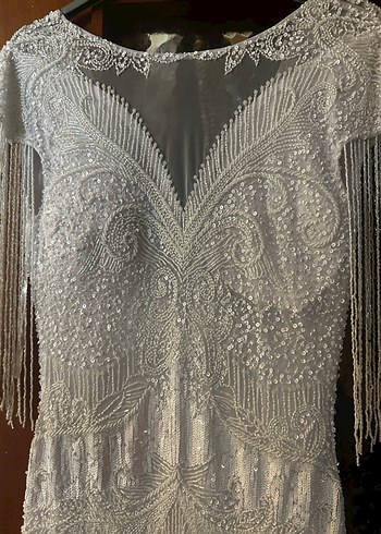 İnce İşlemeli Boncuklu Beyaz After Elbisesi - Görsel 11