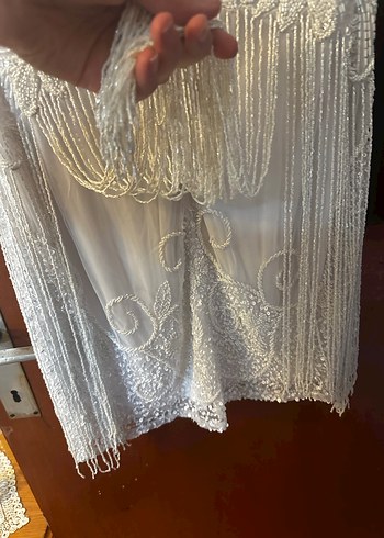 İnce İşlemeli Boncuklu Beyaz After Elbisesi - Görsel 8