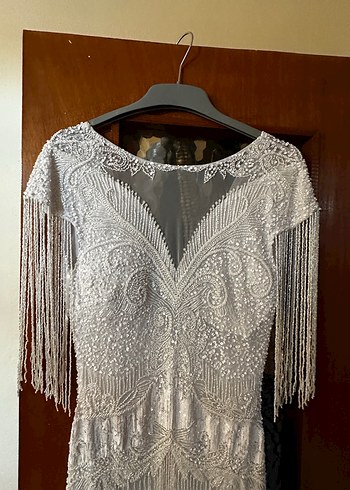 İnce İşlemeli Boncuklu Beyaz After Elbisesi - Görsel 5