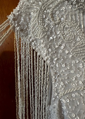 İnce İşlemeli Boncuklu Beyaz After Elbisesi - Görsel 10