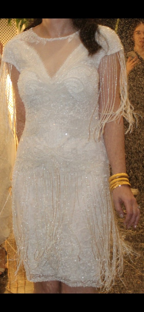 İnce İşlemeli Boncuklu Beyaz After Elbisesi - Görsel 2