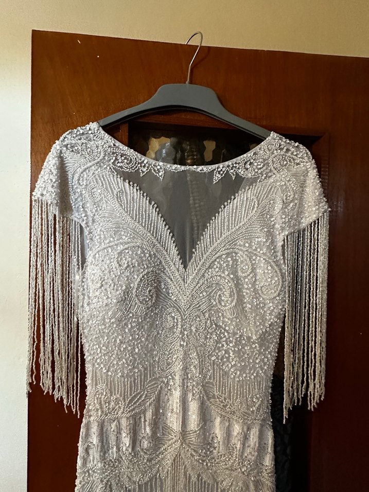 İnce İşlemeli Boncuklu Beyaz After Elbisesi - Görsel 5