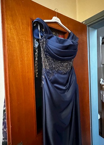 Lacivert Drapeli Uzun Kadın Gece Elbisesi - Görsel 6