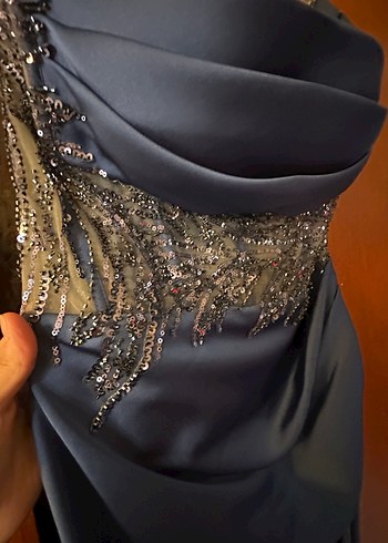 Lacivert Drapeli Uzun Kadın Gece Elbisesi - Görsel 5