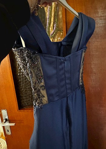 Lacivert Drapeli Uzun Kadın Gece Elbisesi - Görsel 8