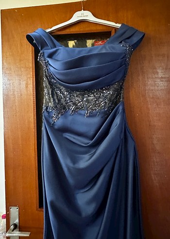 Lacivert Drapeli Uzun Kadın Gece Elbisesi - Görsel 7