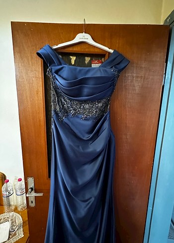 Lacivert Drapeli Uzun Kadın Gece Elbisesi - Görsel 3