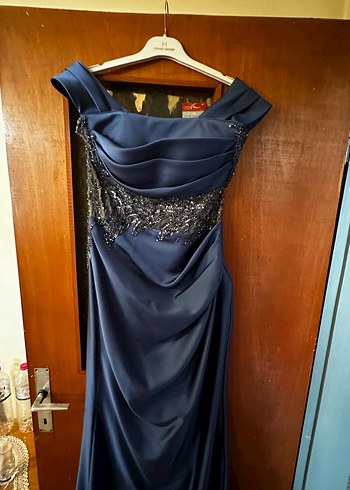 Lacivert Drapeli Uzun Kadın Gece Elbisesi - Görsel 4