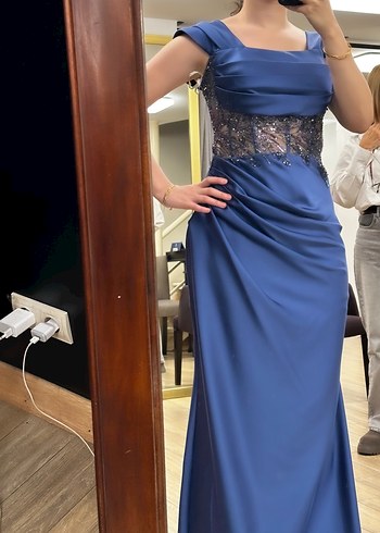 Lacivert Drapeli Uzun Kadın Gece Elbisesi - Görsel 9