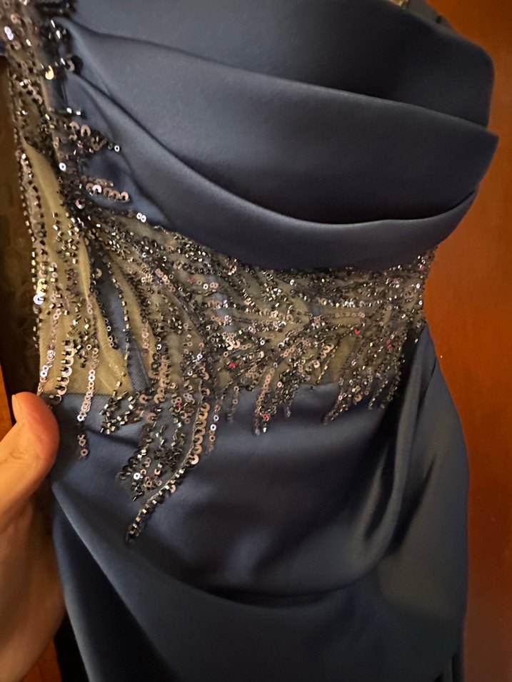 Lacivert Drapeli Uzun Kadın Gece Elbisesi - Görsel 5