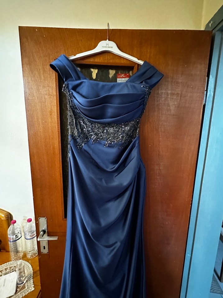 Lacivert Drapeli Uzun Kadın Gece Elbisesi - Görsel 3