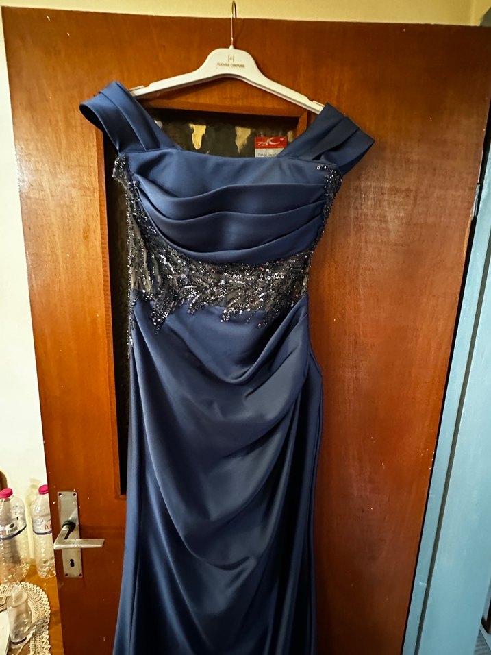 Lacivert Drapeli Uzun Kadın Gece Elbisesi - Görsel 4