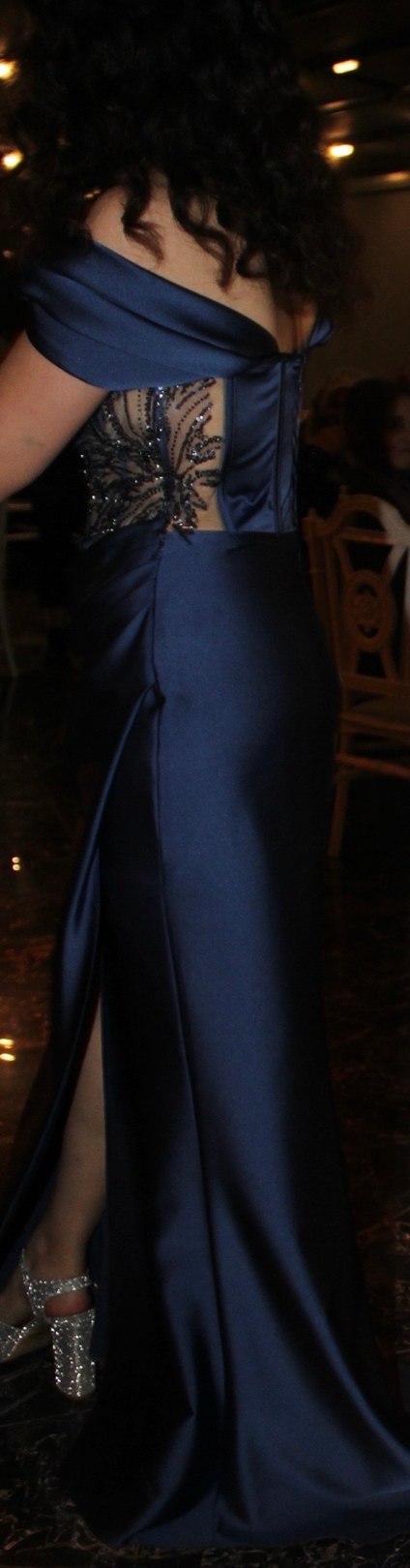 Lacivert Drapeli Uzun Kadın Gece Elbisesi - Görsel 2