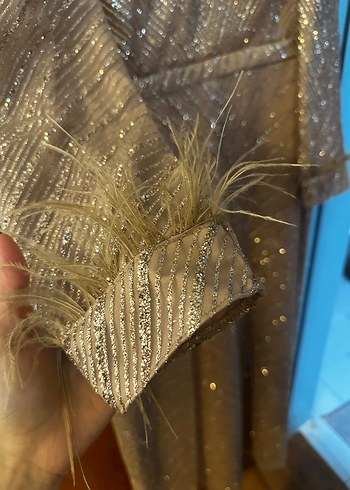 Uzun Kollu İşlemeli Bej Abiye Elbise - Görsel 3