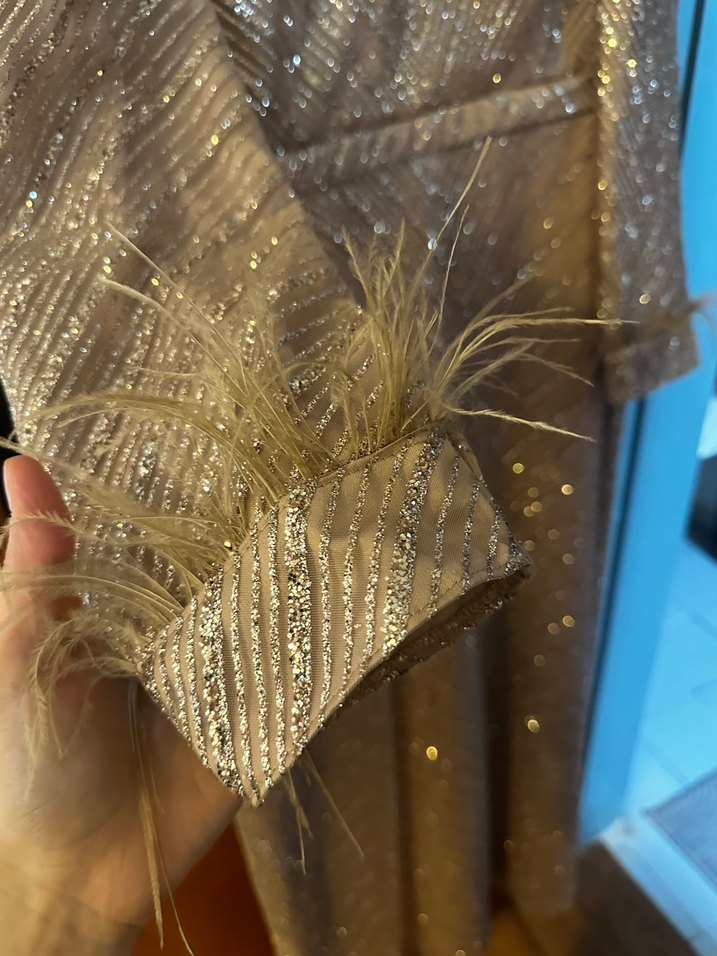 Uzun Kollu İşlemeli Bej Abiye Elbise - Görsel 3