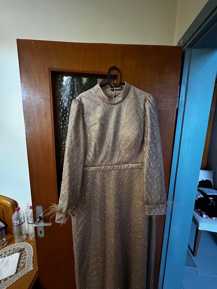 Uzun Kollu İşlemeli Bej Abiye Elbise - Görsel 5