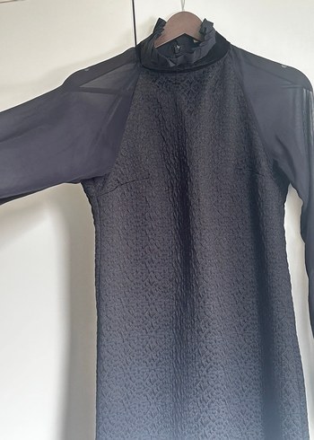 Uzun Kollu, Yüksek Yakalı Siyah Midi Elbise - Görsel 8