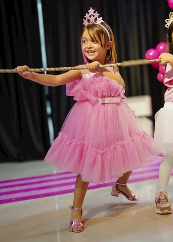 Pembe Straplez Fırfırlı Kız Çocuk Elbisesi - Görsel 3