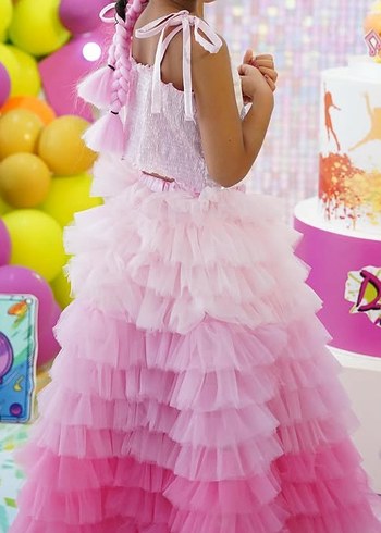 Pembe Fırfırlı Çocuk Abiye Etek takım üst - Görsel 3