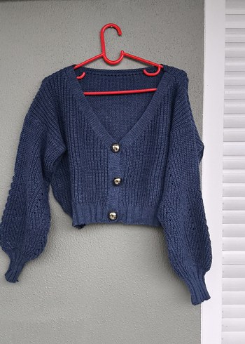 V Yaka Uzun Kollu Mavi Örgü crop Hırka