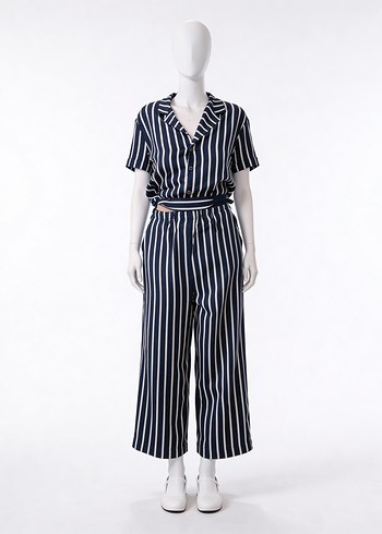 Kadın Lacivert Çizgili Kumaş Tulum - Görsel 2