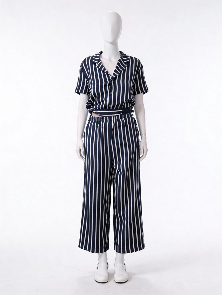 Kadın Lacivert Çizgili Kumaş Tulum - Görsel 2