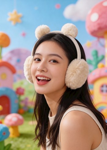 Peluş Bej Ponponlu Kulaklık - Görsel 2