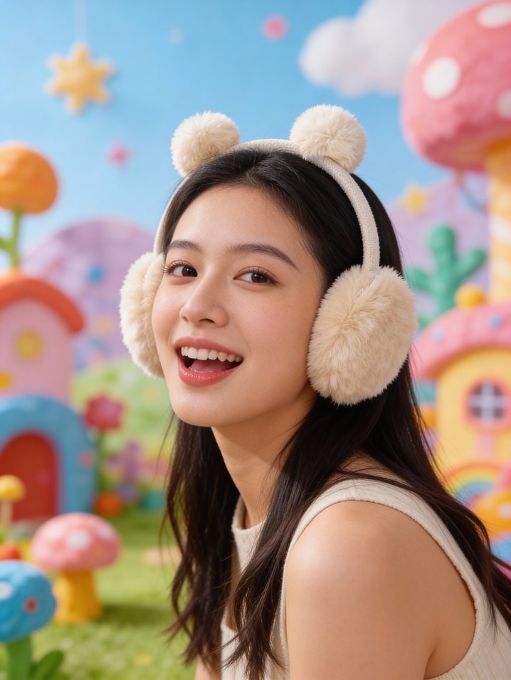 Peluş Bej Ponponlu Kulaklık - Görsel 2