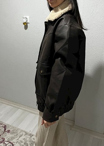 Kahverengi Kürklü Deri Kadın Ceket - Görsel 4