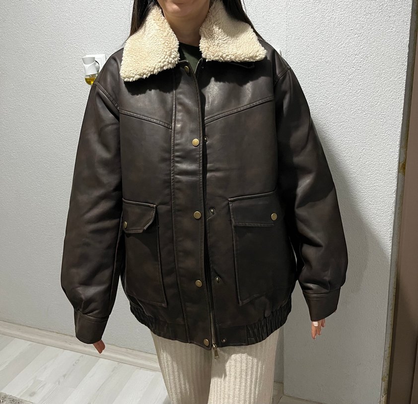 Kahverengi Kürklü Deri Kadın Ceket - Görsel 3