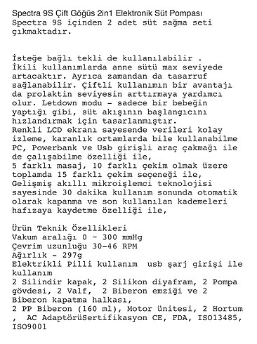  Spectra 9S Çift Göğüs Süt Elektronik Pompası