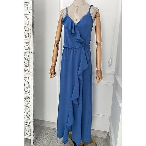 xl Beden mavi Renk Fırfır detaylı maxı boy mavi elbise xl beden boy 145 cm