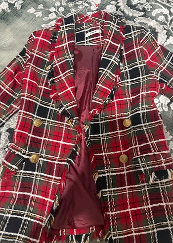 Düğmeli Kırmızı Ekose Midi Blazer - Görsel 2