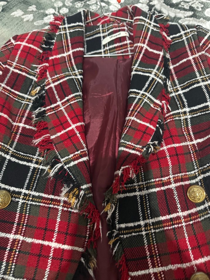 Düğmeli Kırmızı Ekose Midi Blazer - Görsel 3