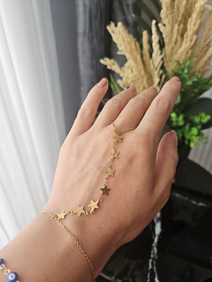 Altın Renkli Yıldızlı Bohem El Zinciri - Görsel 2