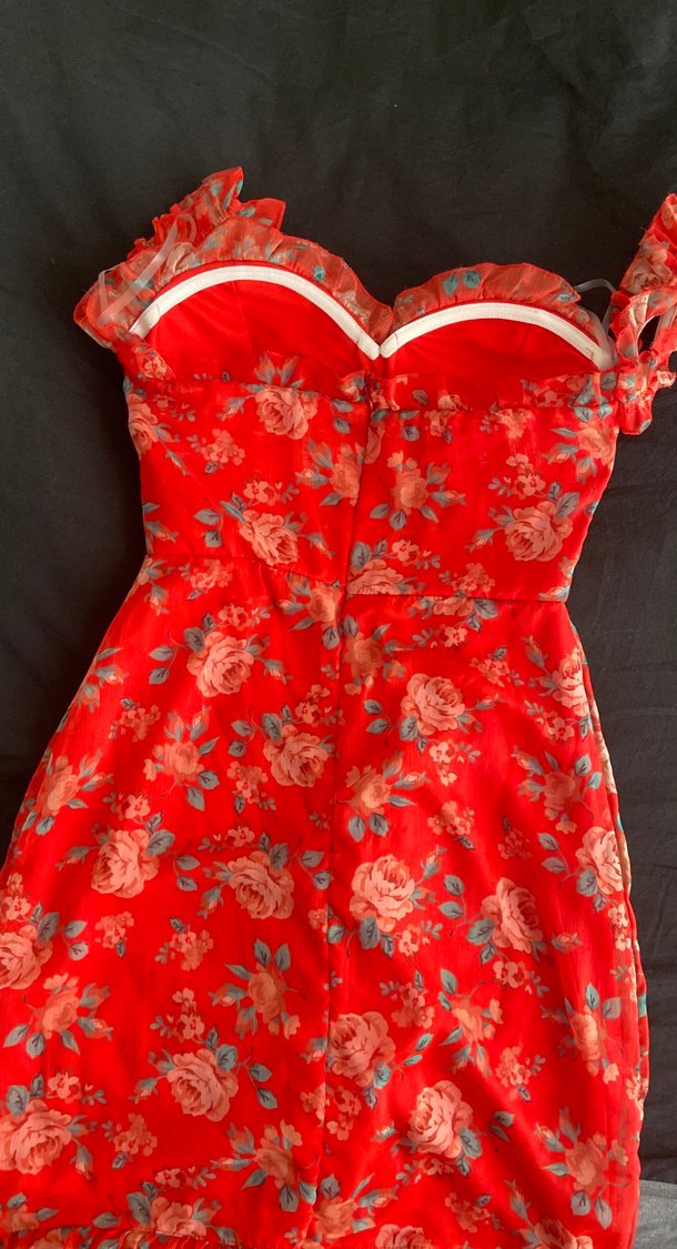 Kırmızı Çiçek Desenli straplez mini - Görsel 4