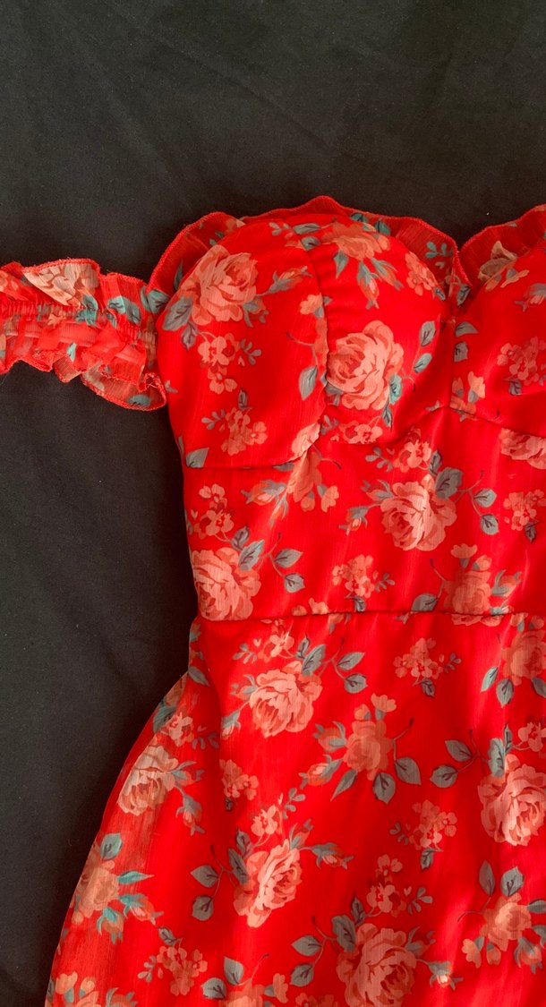 Kırmızı Çiçek Desenli straplez mini - Görsel 2