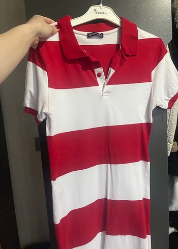 Kırmızı Beyaz Çizgili Kadın Elbise - Görsel 3