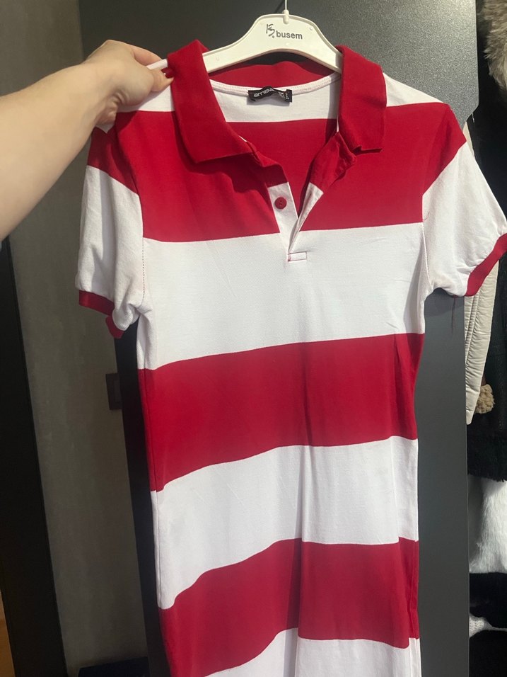 Kırmızı Beyaz Çizgili Kadın Elbise - Görsel 3