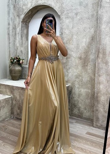 saten gold işlemeli elbise