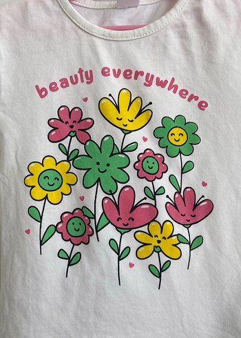 Beyaz Çiçek Baskılı Kız Tişörtü - Görsel 2