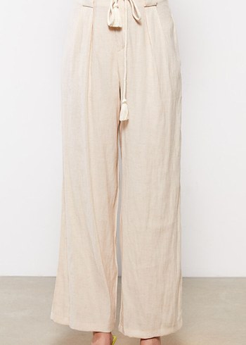 Bej Kemerli Keten Kadın Pantolon - Görsel 3